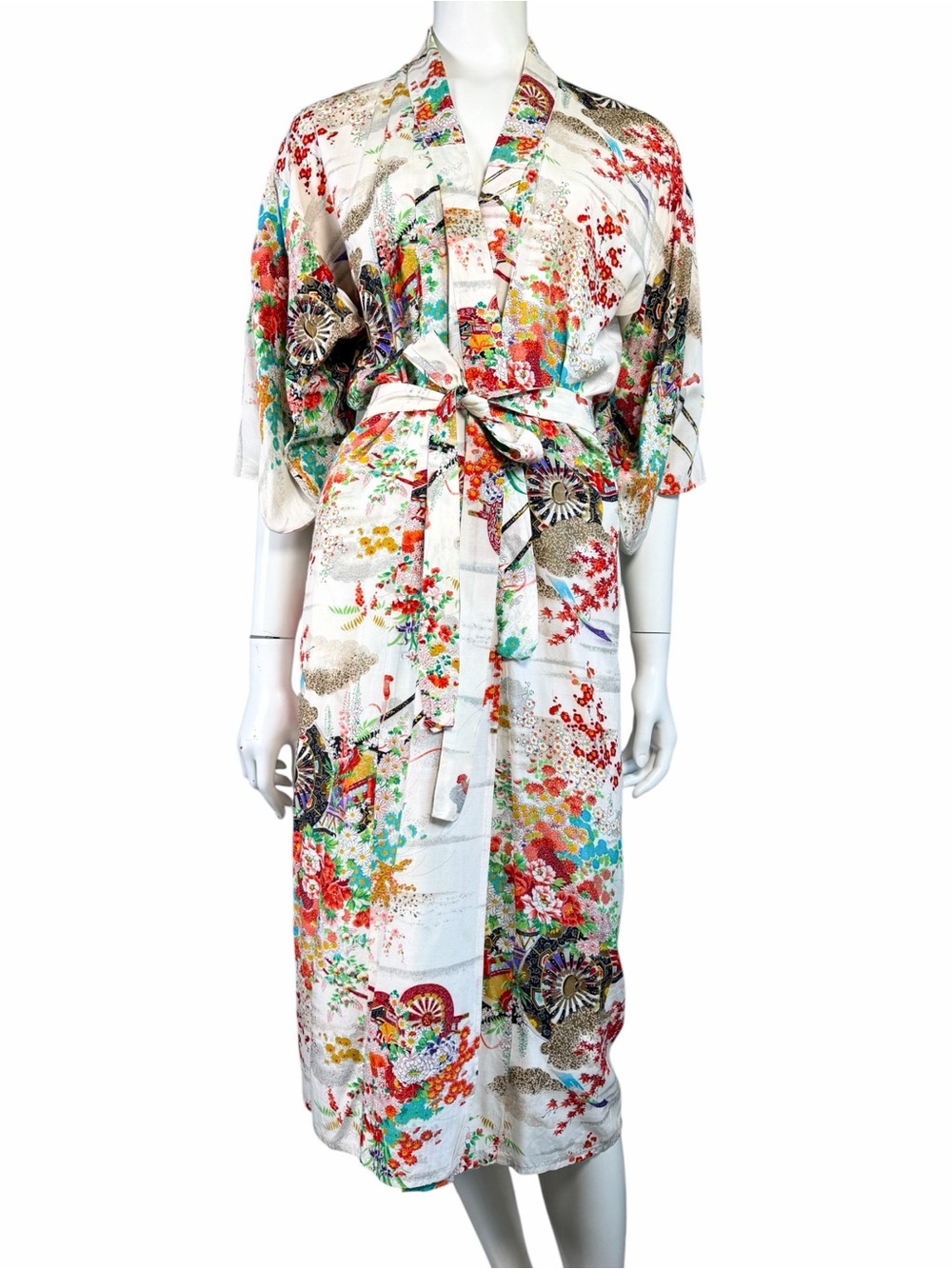 Vintage Japanese Kimono Robe Floral Hand Stitched Silk Blend Belted